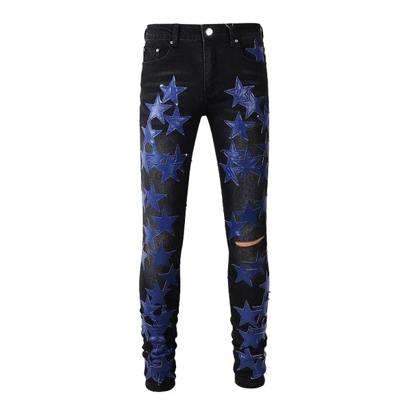 Men Blue Leather Star Patches jeans
