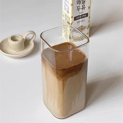 Square Heat Resistant Coffee Glass Cup With Lid and Straw Transparent Milk Tea Juice