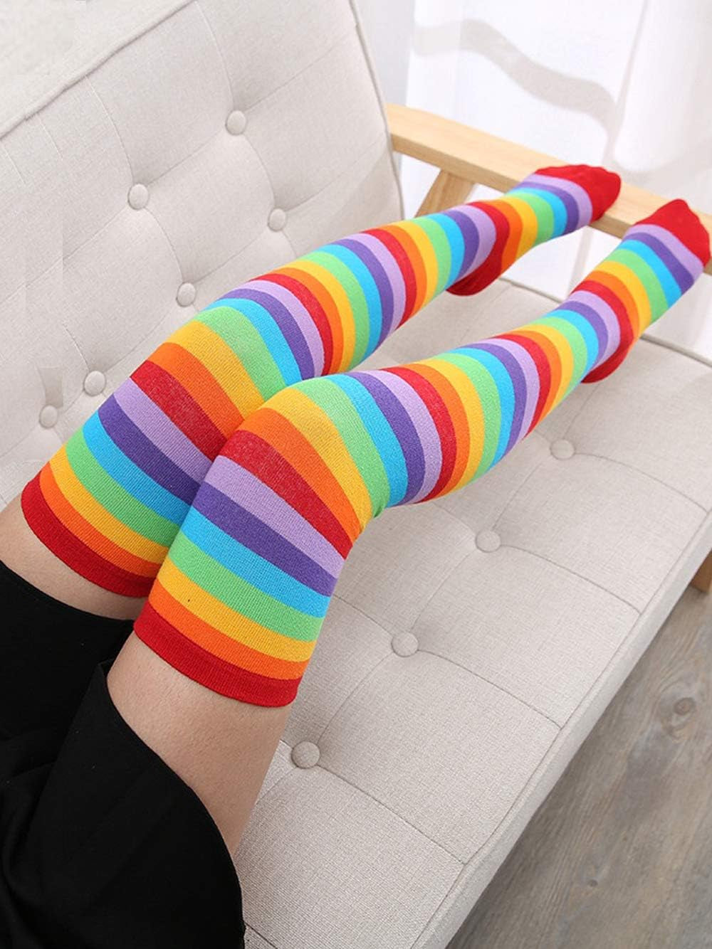 Vibrant Over Knee Rainbow Thigh High Socks and Arm Warmers Set - Perfect Cosplay Accessories for Stylish Girls