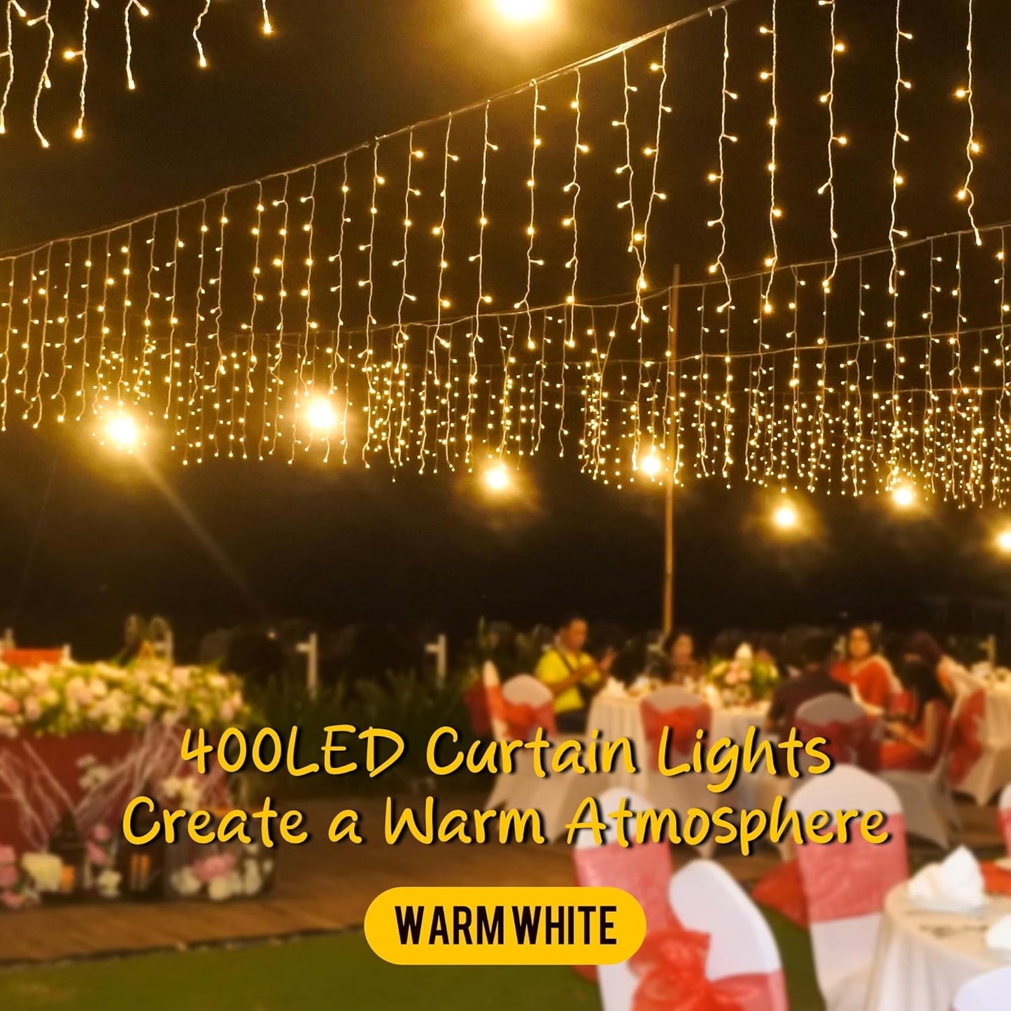 Transform Your Space with 400 LED Warm White Outdoor Curtain Lights - Perfect for Christmas, Parties, and More!