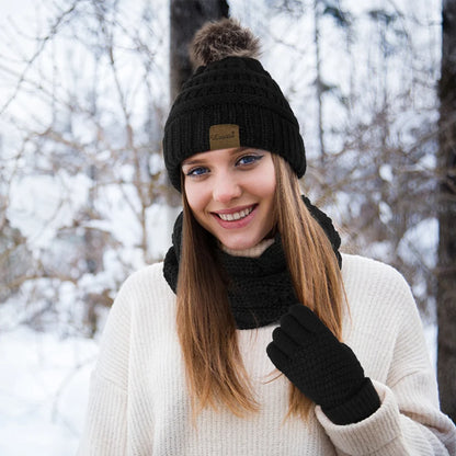 Stay Cozy and Chic this Winter with Our 3-Piece Women's Hat, Scarf, and Touchscreen Gloves Set in Classic Black