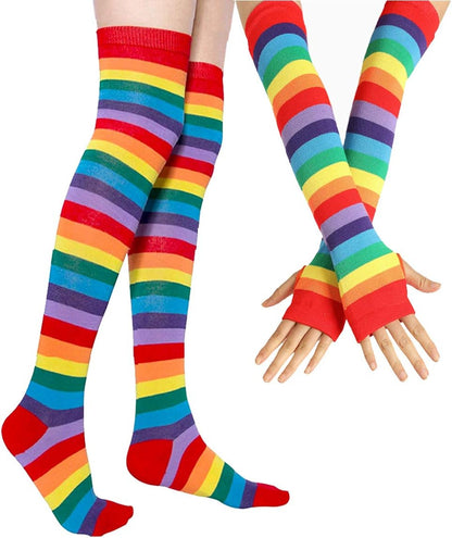 Vibrant Over Knee Rainbow Thigh High Socks and Arm Warmers Set - Perfect Cosplay Accessories for Stylish Girls
