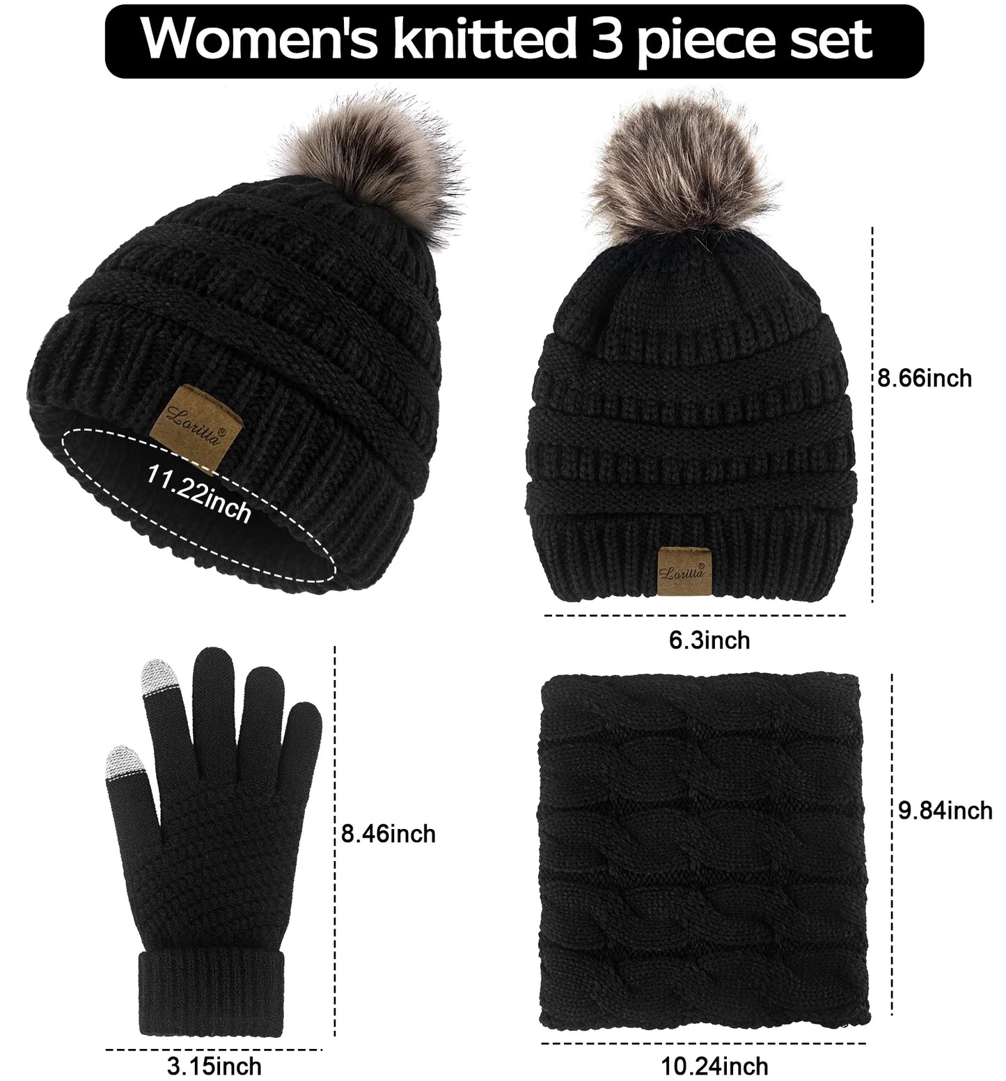 Stay Cozy and Chic this Winter with Our 3-Piece Women's Hat, Scarf, and Touchscreen Gloves Set in Classic Black