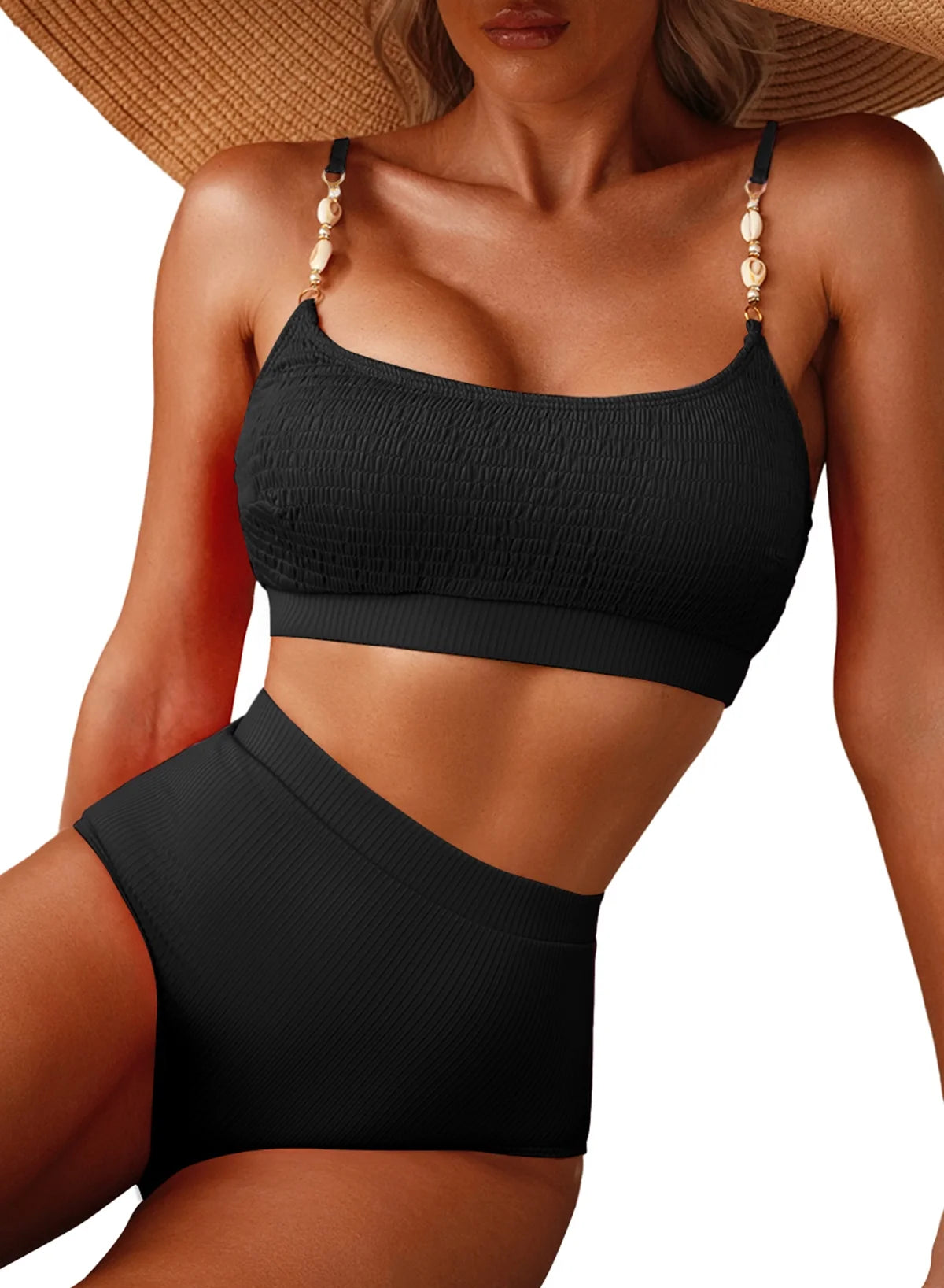 Women'S High Waisted Bikini Sets Two Piece Swimsuits for Women Shirred Solid Color High Waisted Bathing Suit Shell Strap 2025 Summer Swim Suit Black XL