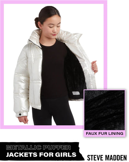 Girls' Jacket - Cute Zip up Girl'S Metallic Puffer Jacket - Cozy Heavyweight Outdoor Jackets (7-16)