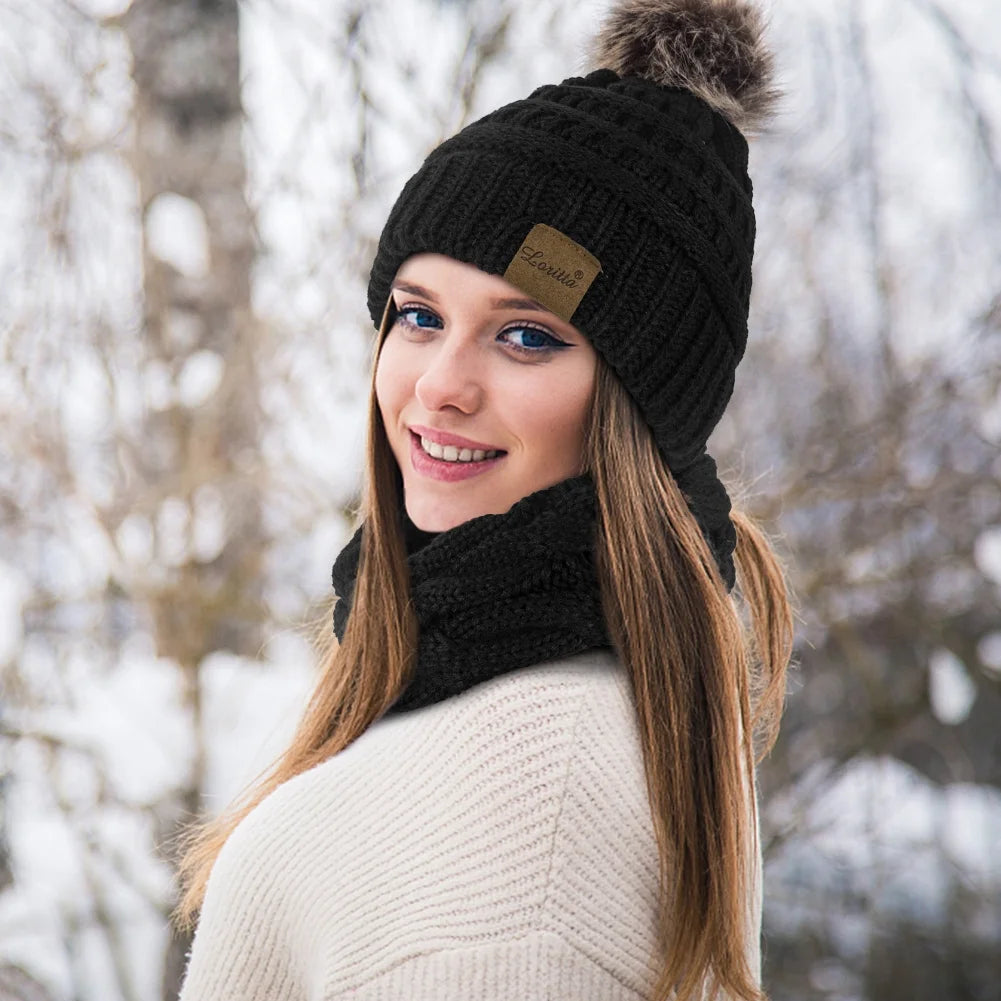 Stay Cozy and Chic this Winter with Our 3-Piece Women's Hat, Scarf, and Touchscreen Gloves Set in Classic Black