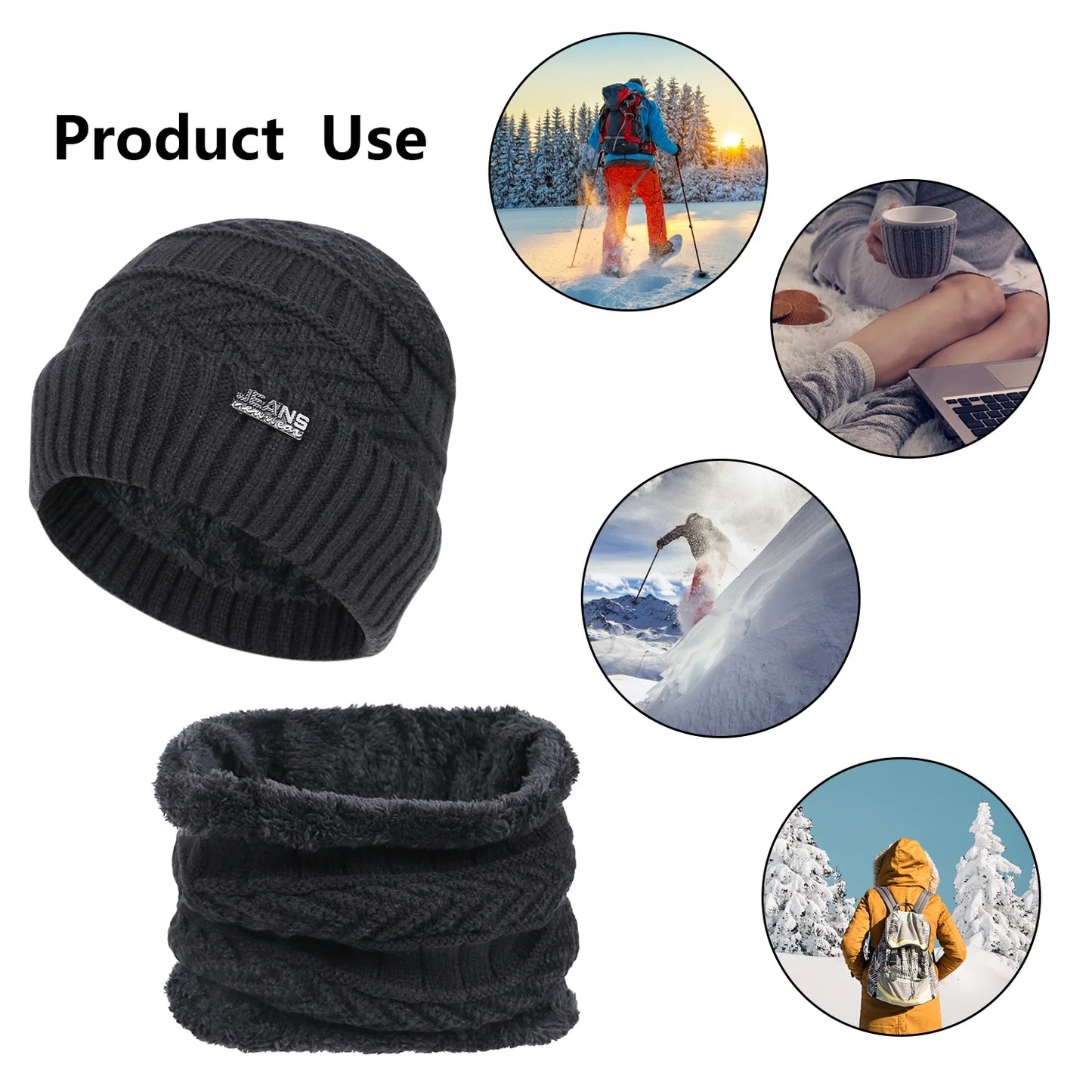 5 Pcs Winter Beanie Hat Scarf Touchscreen Gloves Set with Wool Socks for Men Women Black