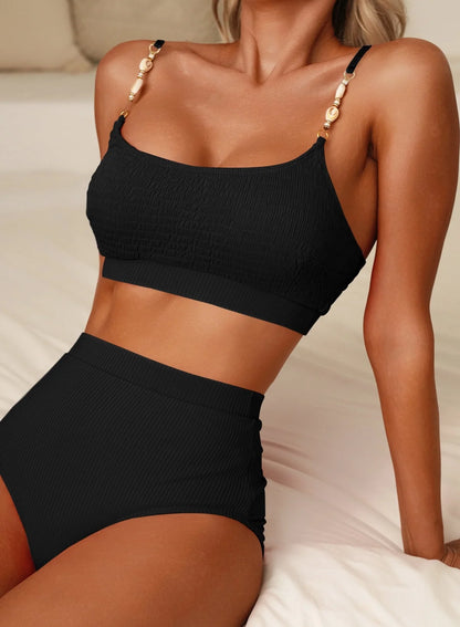 Women'S High Waisted Bikini Sets Two Piece Swimsuits for Women Shirred Solid Color High Waisted Bathing Suit Shell Strap 2025 Summer Swim Suit Black XL