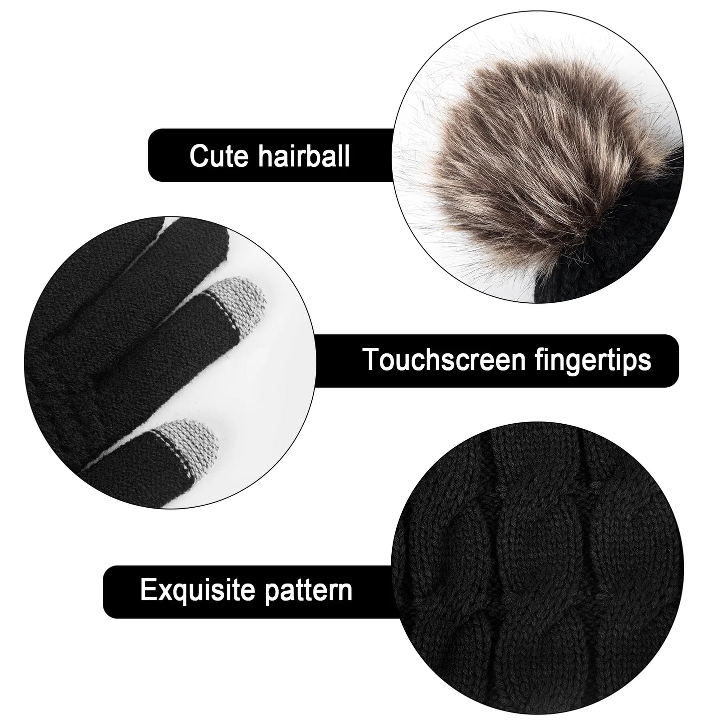 Stay Cozy and Chic this Winter with Our 3-Piece Women's Hat, Scarf, and Touchscreen Gloves Set in Classic Black