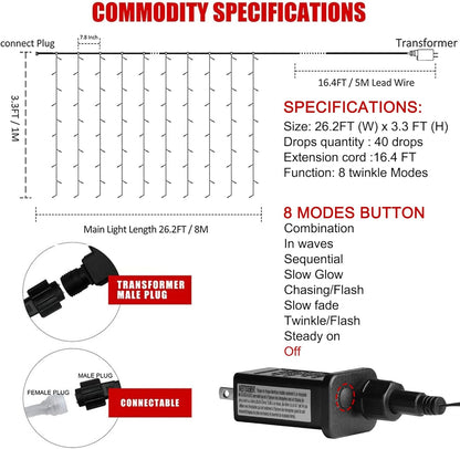 Transform Your Space with 400 LED Warm White Outdoor Curtain Lights - Perfect for Christmas, Parties, and More!