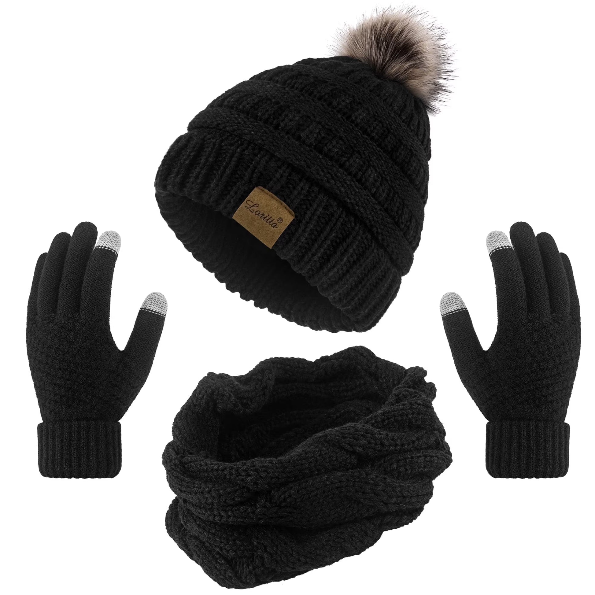 Stay Cozy and Chic this Winter with Our 3-Piece Women's Hat, Scarf, and Touchscreen Gloves Set in Classic Black