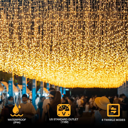 Transform Your Space with 400 LED Warm White Outdoor Curtain Lights - Perfect for Christmas, Parties, and More!