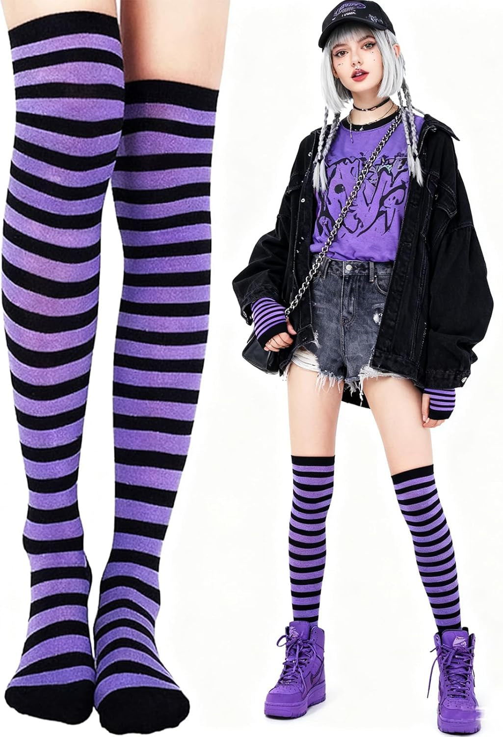 Vibrant Over Knee Rainbow Thigh High Socks and Arm Warmers Set – Perfect Cosplay Accessories for Girls