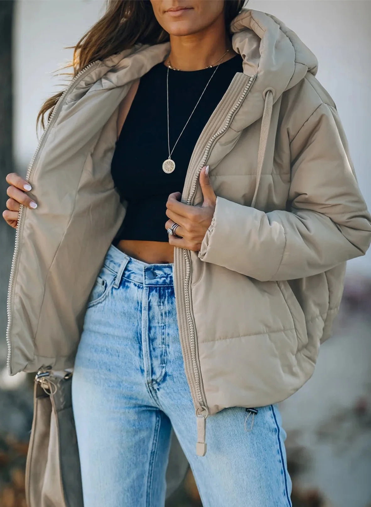 Puffer Jacket for Women Winter Warm Hooded Coat Full Zip up Cropped Jacket with Pockets Petite