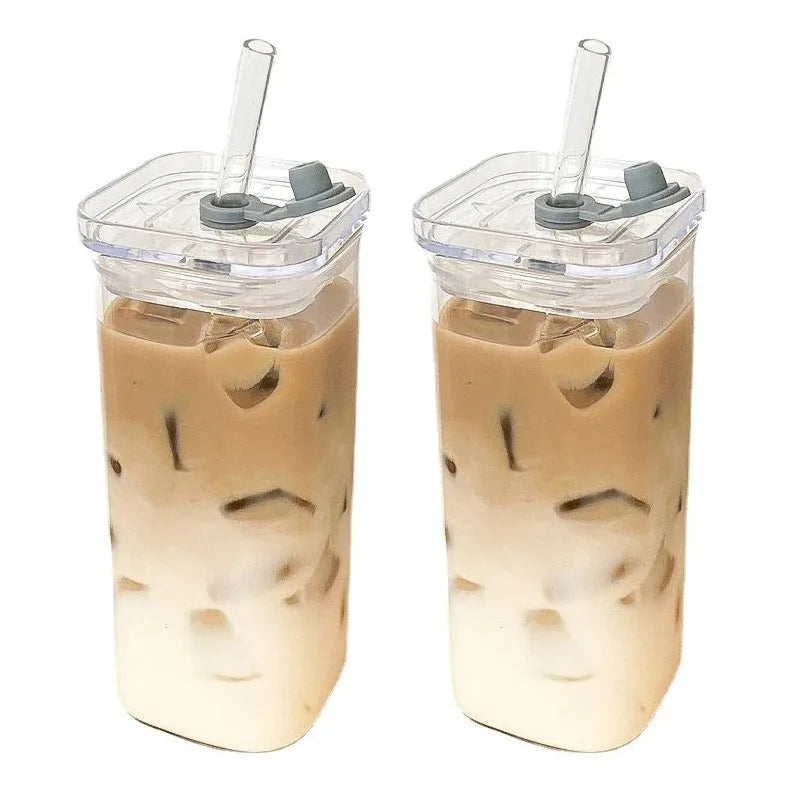 Square Heat Resistant Coffee Glass Cup With Lid and Straw Transparent Milk Tea Juice