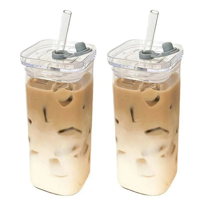 Square Heat Resistant Coffee Glass Cup With Lid and Straw Transparent Milk Tea Juice