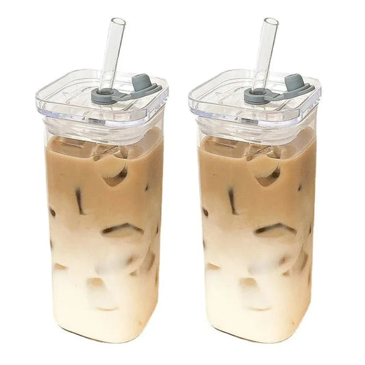 Square Heat Resistant Coffee Glass Cup With Lid and Straw Transparent Milk Tea Juice