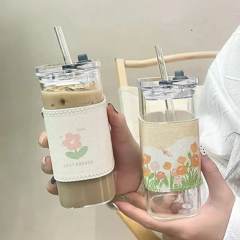 Square Heat Resistant Coffee Glass Cup With Lid and Straw Transparent Milk Tea Juice