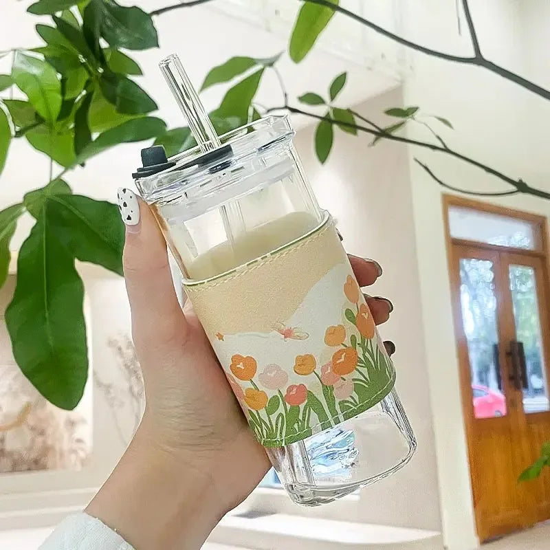 Square Heat Resistant Coffee Glass Cup With Lid and Straw Transparent Milk Tea Juice