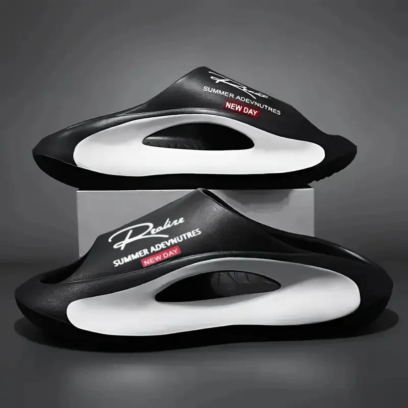 Lightweight EVA men's slide | Black and white cartoon design, exposed toes, comfortable all year