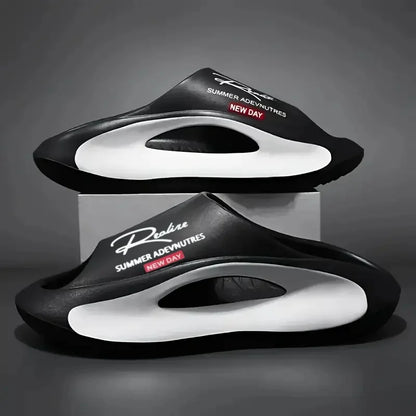 Lightweight EVA men's slide | Black and white cartoon design, exposed toes, comfortable all year