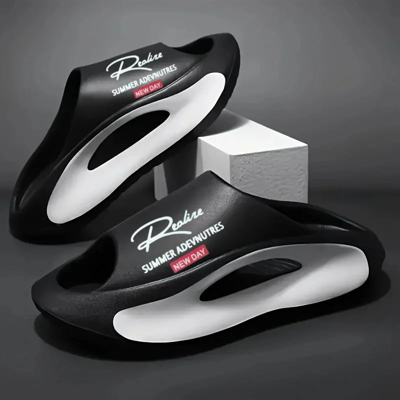 Lightweight EVA men's slide | Black and white cartoon design, exposed toes, comfortable all year