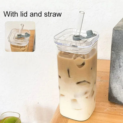 Square Heat Resistant Coffee Glass Cup With Lid and Straw Transparent Milk Tea Juice