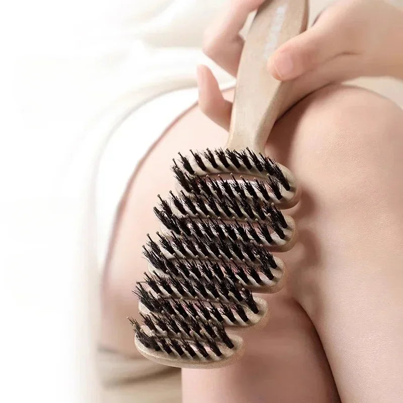 Boar Bristle Hair Comb Hollow Detangling Hair Brush Women Scalp Massage Brush Curly