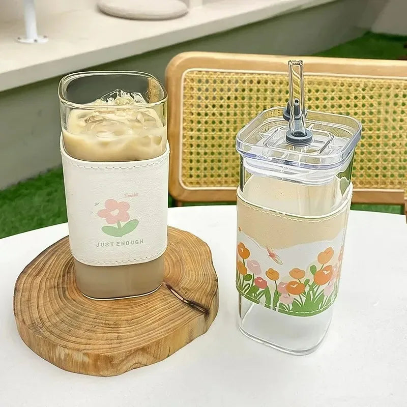 Square Heat Resistant Coffee Glass Cup With Lid and Straw Transparent Milk Tea Juice