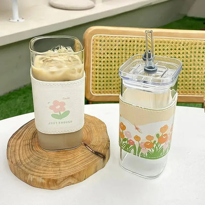Square Heat Resistant Coffee Glass Cup With Lid and Straw Transparent Milk Tea Juice