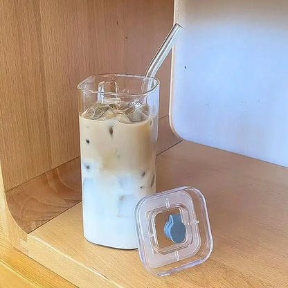 Square Heat Resistant Coffee Glass Cup With Lid and Straw Transparent Milk Tea Juice