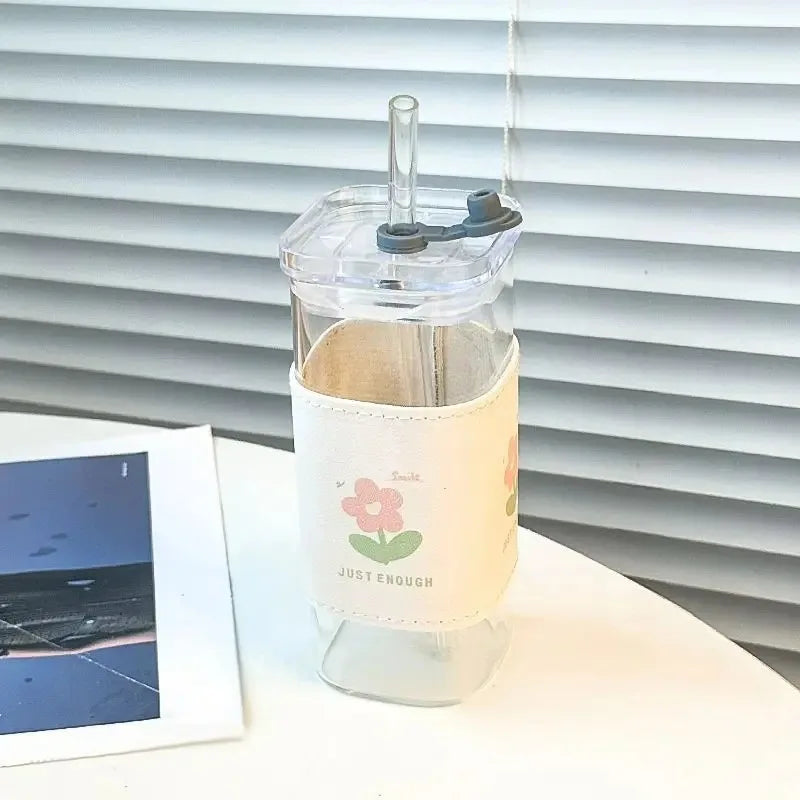 Square Heat Resistant Coffee Glass Cup With Lid and Straw Transparent Milk Tea Juice