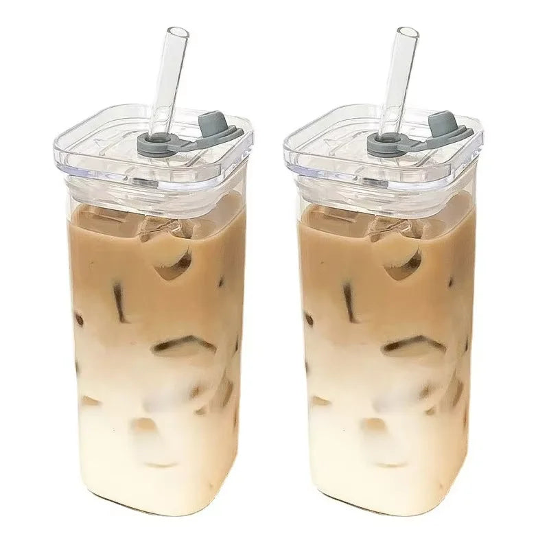 Square Heat Resistant Coffee Glass Cup With Lid and Straw Transparent Milk Tea Juice