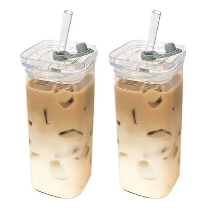 Square Heat Resistant Coffee Glass Cup With Lid and Straw Transparent Milk Tea Juice