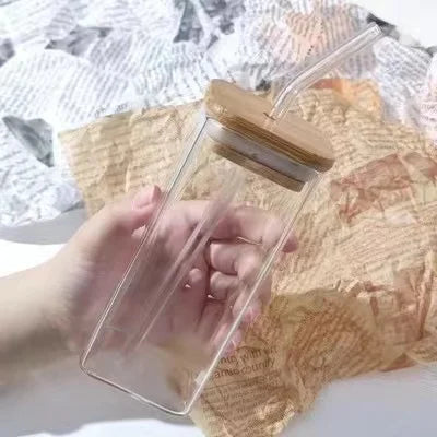 Square Heat Resistant Coffee Glass Cup With Lid and Straw Transparent Milk Tea Juice
