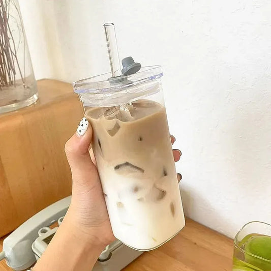 Square Heat Resistant Coffee Glass Cup With Lid and Straw Transparent Milk Tea Juice