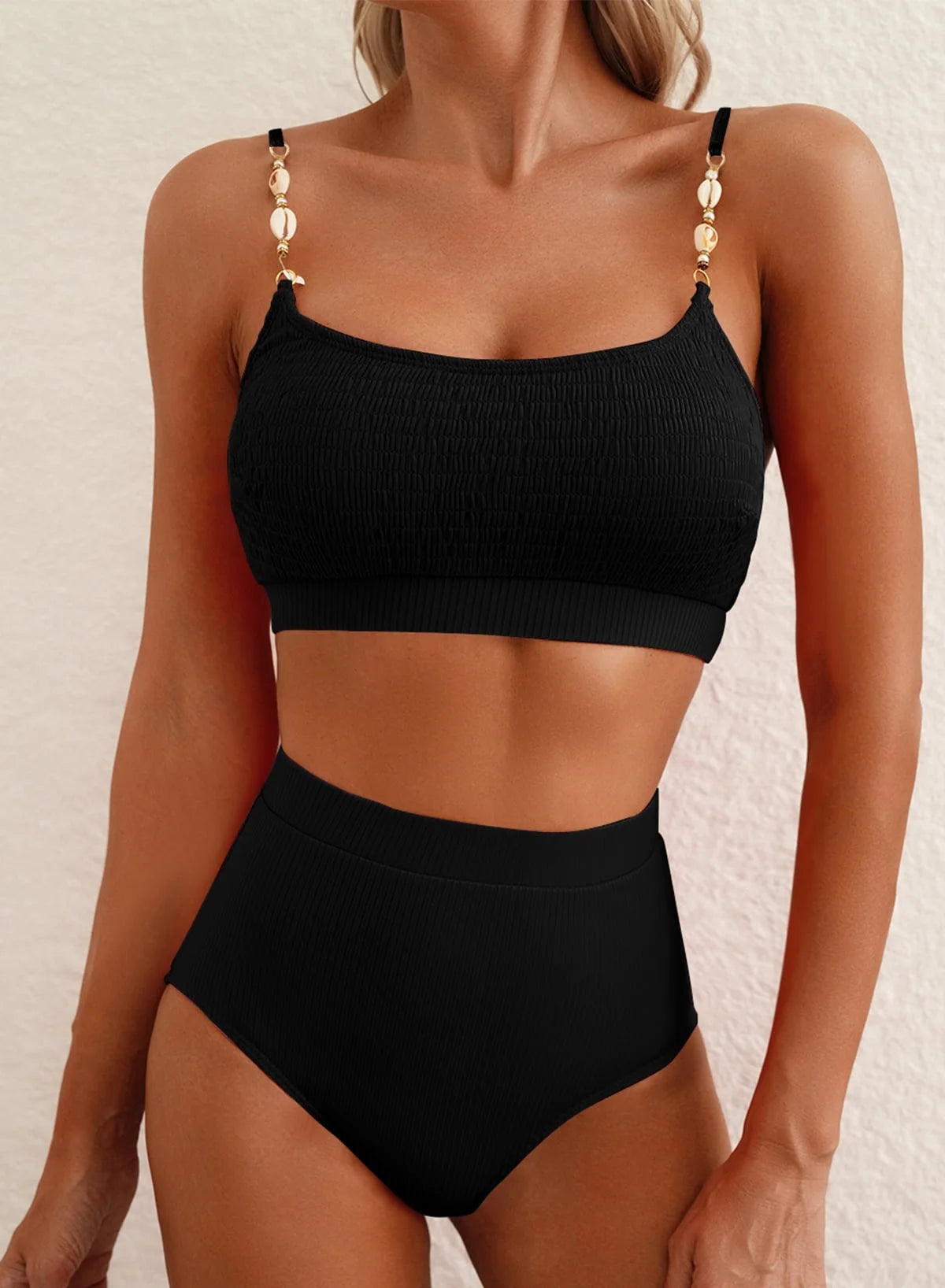 Women'S High Waisted Bikini Sets Two Piece Swimsuits for Women Shirred Solid Color High Waisted Bathing Suit Shell Strap 2025 Summer Swim Suit Black XL