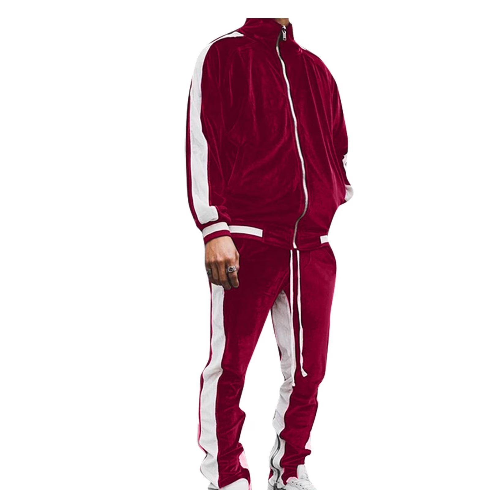 Elevate Your Style with Our Men’s Striped Two Piece Sweatsuit - Casual Long Sleeve Zip Up Jacket & Jogger Set in Vibrant Red