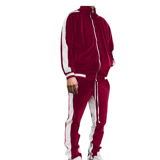 Elevate Your Style with Our Men’s Striped Two Piece Sweatsuit - Casual Long Sleeve Zip Up Jacket & Jogger Set in Vibrant Red
