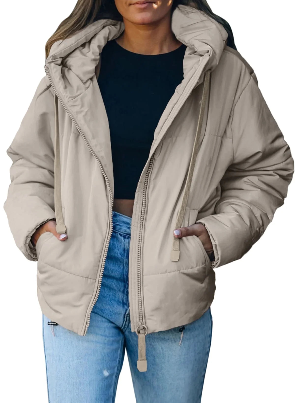 Puffer Jacket for Women Winter Warm Hooded Coat Full Zip up Cropped Jacket with Pockets Petite