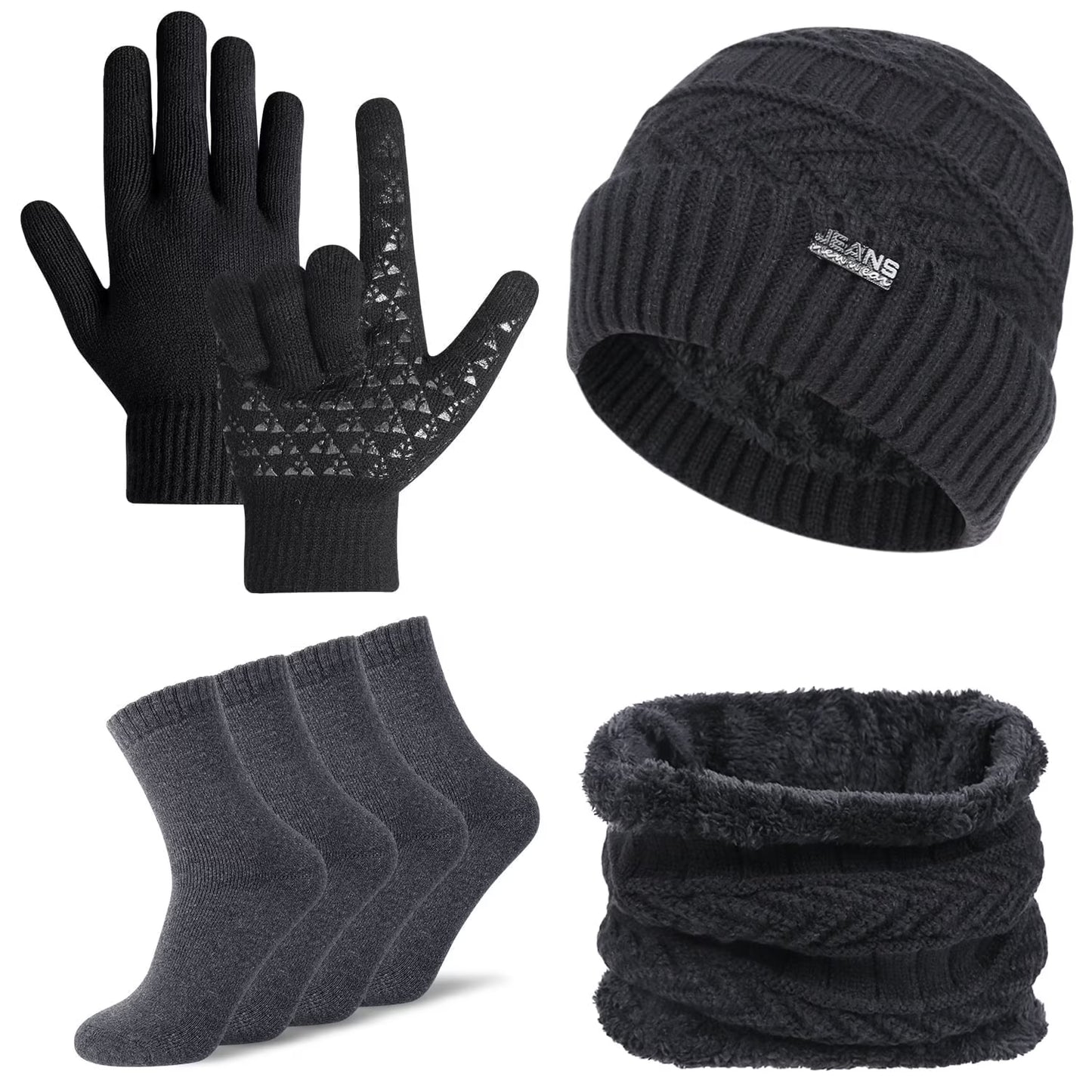 5 Pcs Winter Beanie Hat Scarf Touchscreen Gloves Set with Wool Socks for Men Women Black