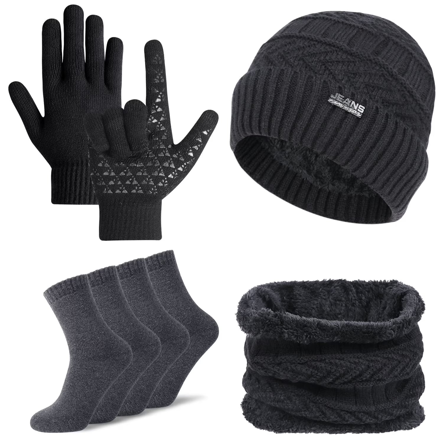 5 Pcs Winter Beanie Hat Scarf Touchscreen Gloves Set with Wool Socks for Men Women Black