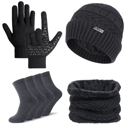 5 Pcs Winter Beanie Hat Scarf Touchscreen Gloves Set with Wool Socks for Men Women Black