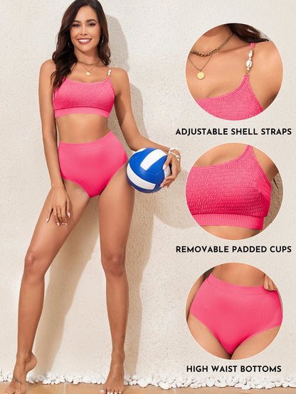 Womens Bikini Two Piece Swimsuit for Women Shirred Solid Color High Waisted Bathing Suits for Women Shell Strap Bikini Set 2025 Summer Swim Suit Rose Red S