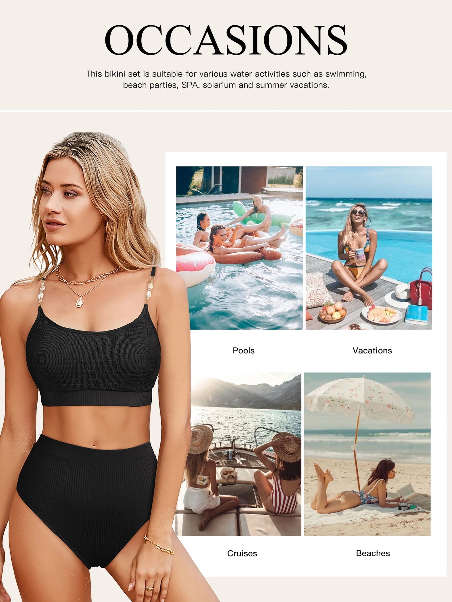 Women'S High Waisted Bikini Sets Two Piece Swimsuits for Women Shirred Solid Color High Waisted Bathing Suit Shell Strap 2025 Summer Swim Suit Black XL