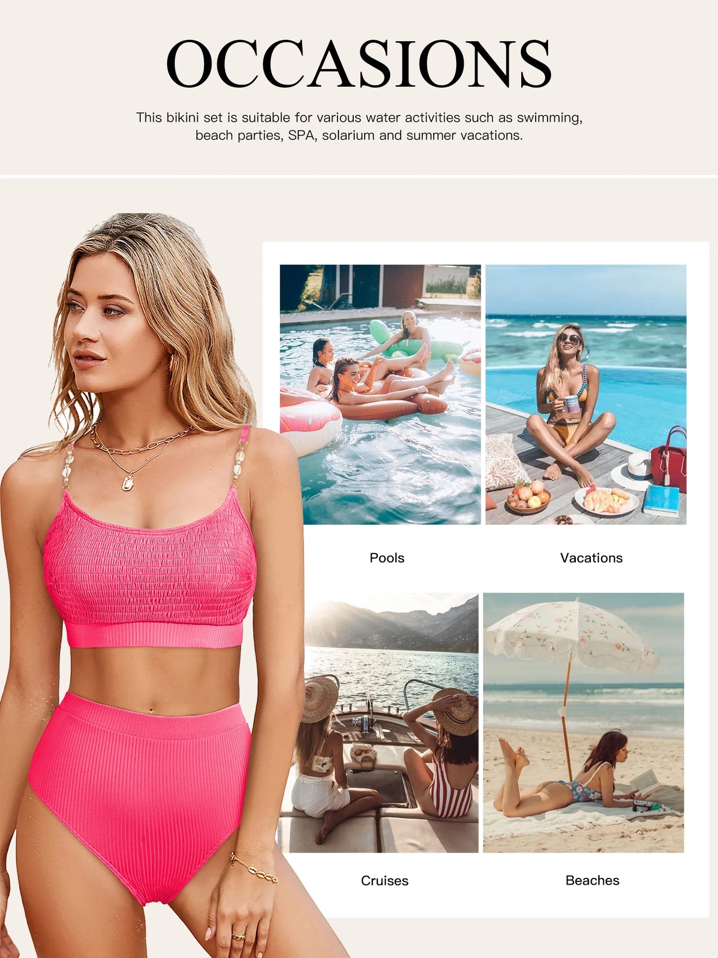 Womens Bikini Two Piece Swimsuit for Women Shirred Solid Color High Waisted Bathing Suits for Women Shell Strap Bikini Set 2025 Summer Swim Suit Rose Red S