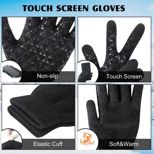 5 Pcs Winter Beanie Hat Scarf Touchscreen Gloves Set with Wool Socks for Men Women Black