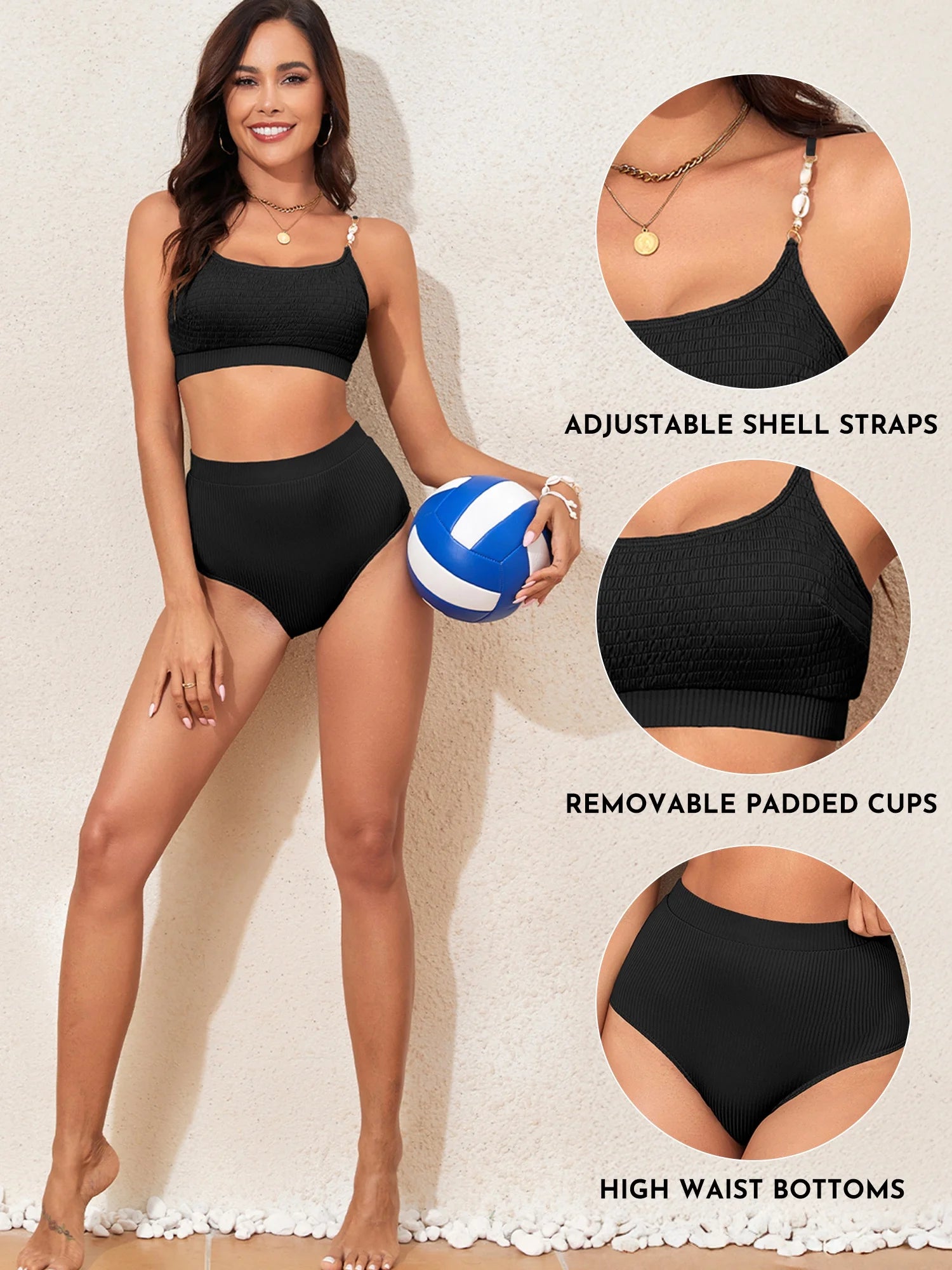 Women'S High Waisted Bikini Sets Two Piece Swimsuits for Women Shirred Solid Color High Waisted Bathing Suit Shell Strap 2025 Summer Swim Suit Black XL