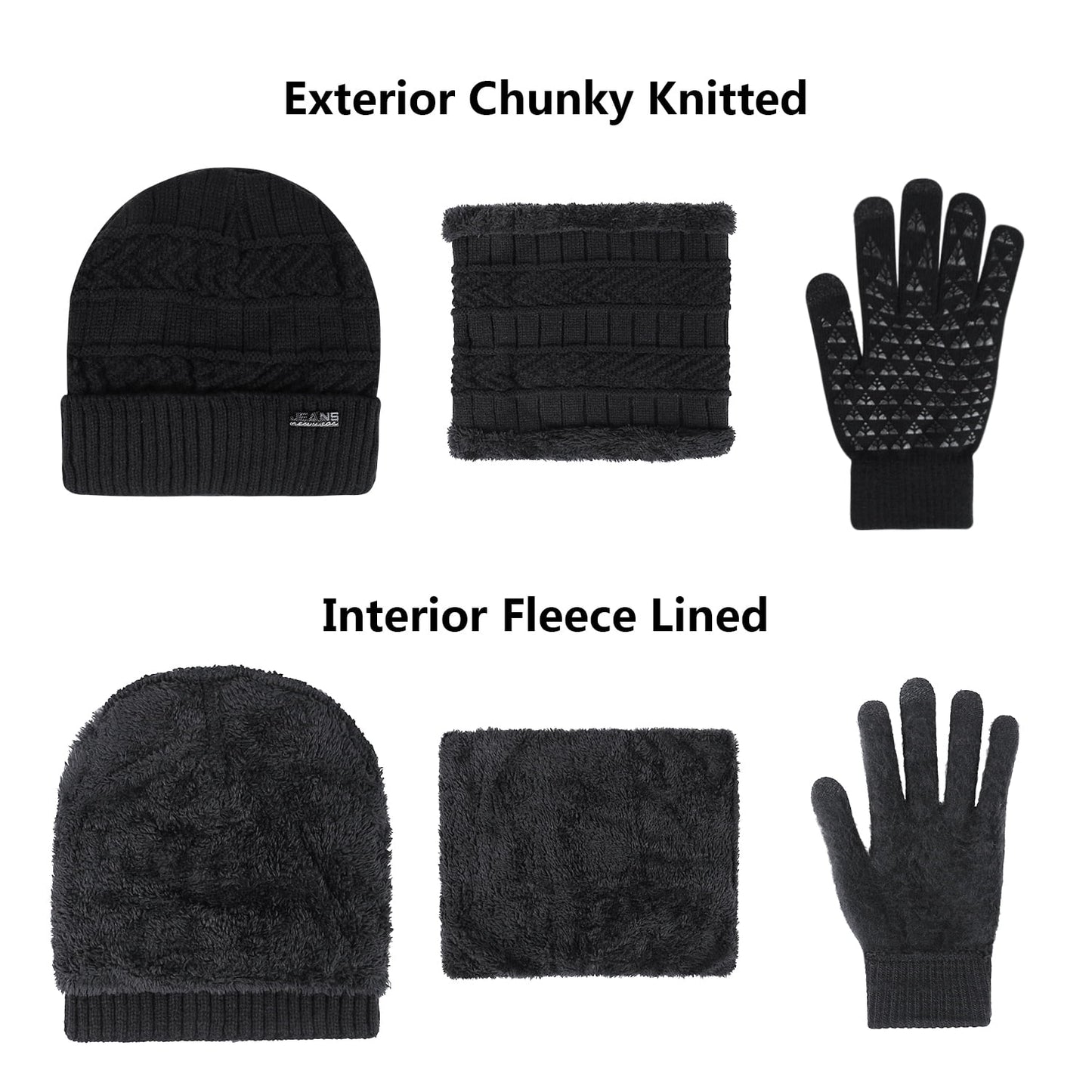 5 Pcs Winter Beanie Hat Scarf Touchscreen Gloves Set with Wool Socks for Men Women Black