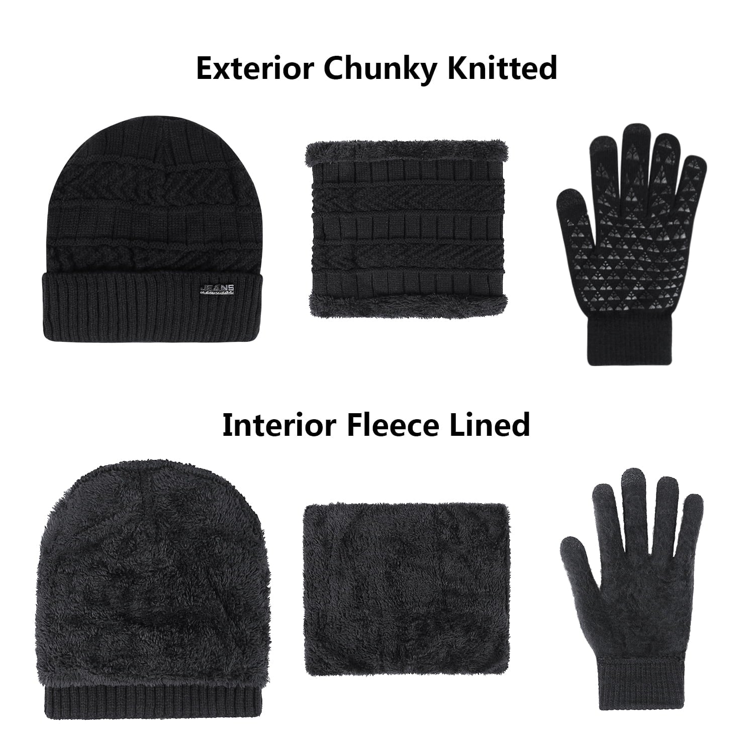 5 Pcs Winter Beanie Hat Scarf Touchscreen Gloves Set with Wool Socks for Men Women Black